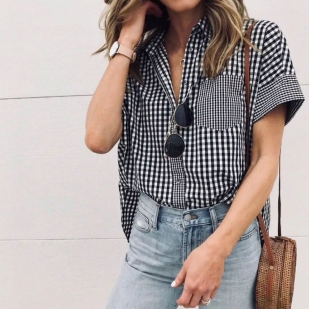Madewell Plaid Gingham Check Oversize Short Sleeve Button Down Shirt XS Collar